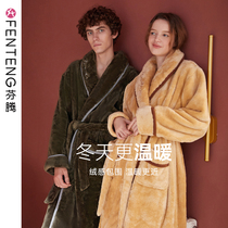 Finnten Autumn Winter Thickened Flannel Couple Sleeping Robes Womens Winter Long Coral Fleece bathrobe mens pyjamas home clothes