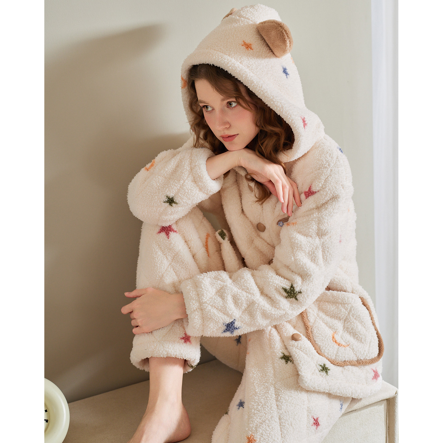 芬腾女士冬季三层加厚夹棉珊瑚绒连帽睡衣加绒法兰绒抗静电家居服,淘宝优惠券,粉丝福利购,淘宝优惠卷