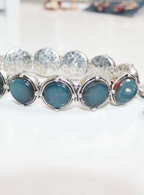 做旧银色弹力手链耳环孤品树脂宝石神秘蓝