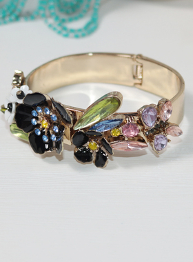 花朵宝石滴釉清新装饰开合口手镯外贸尾货 cuff bracelet