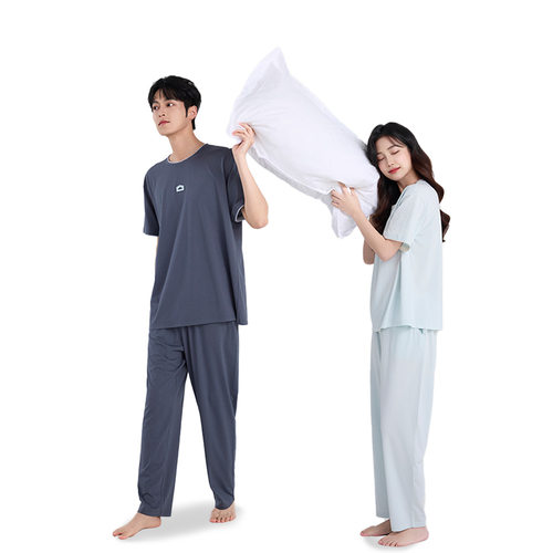 夏季情侣家居服兰精莫代尔自带胸垫短袖长裤男女同款睡衣可外穿 - 图2