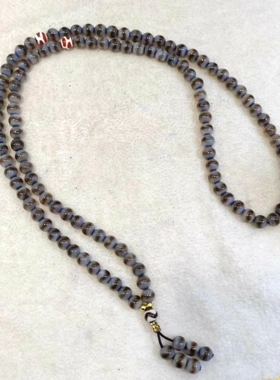 天原8mm圆珠灰皮虎牙图案风化细腻天珠玛瑙108颗男女款配珠