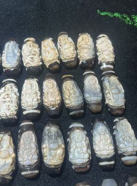 台湾工艺风化包浆老料雕刻观音关公财神天珠玛瑙散珠54 X13 mm