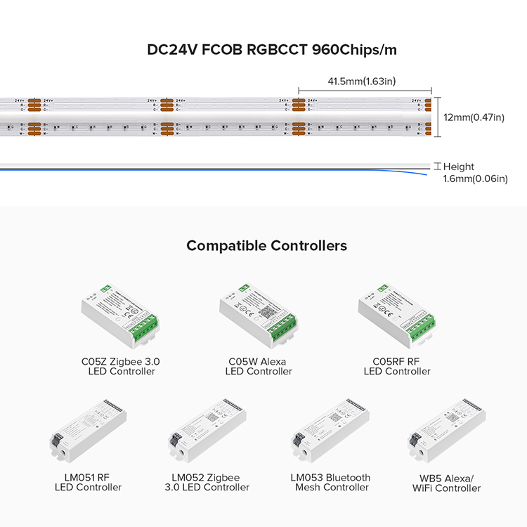 FCOB七彩RGBCCT自粘24V超薄COB灯条RGBCW吊顶背景墙无光斑LED灯带-图0