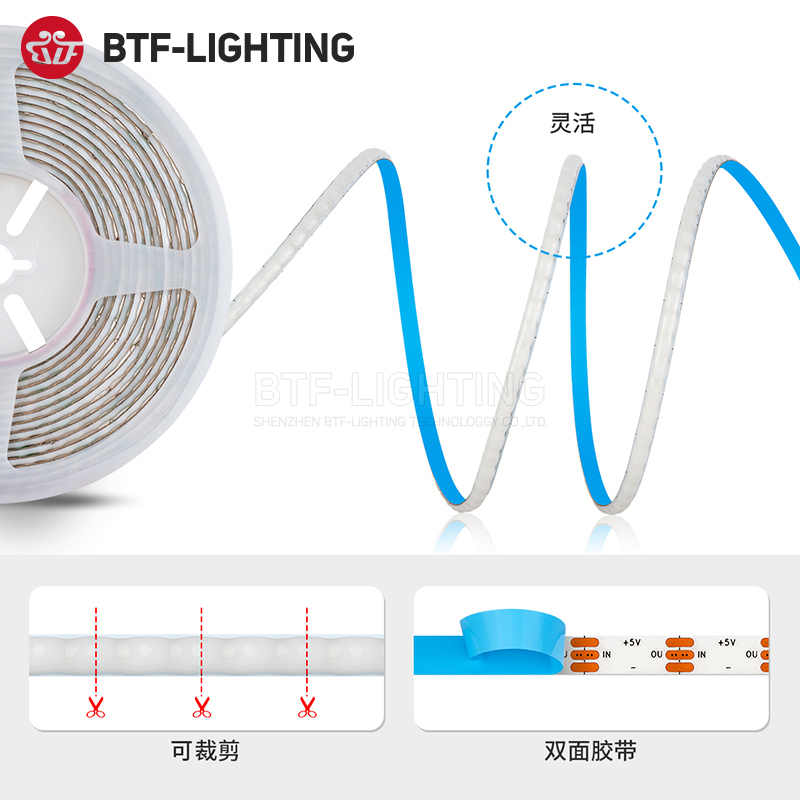 柔性FCOB全彩超窄5MM宽LED灯带RGB单点单控5V可编程流水幻彩灯带 - 图1