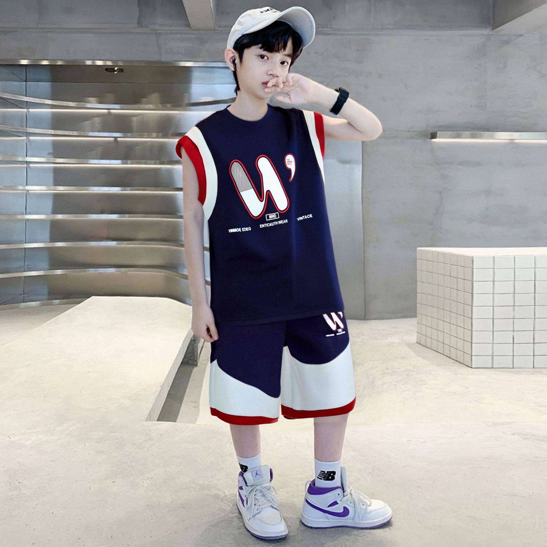 儿童运动服夏季薄款男童背心套装球服速干衣中大童宽松t恤短裤,淘宝优惠券,粉丝福利购,淘宝优惠卷