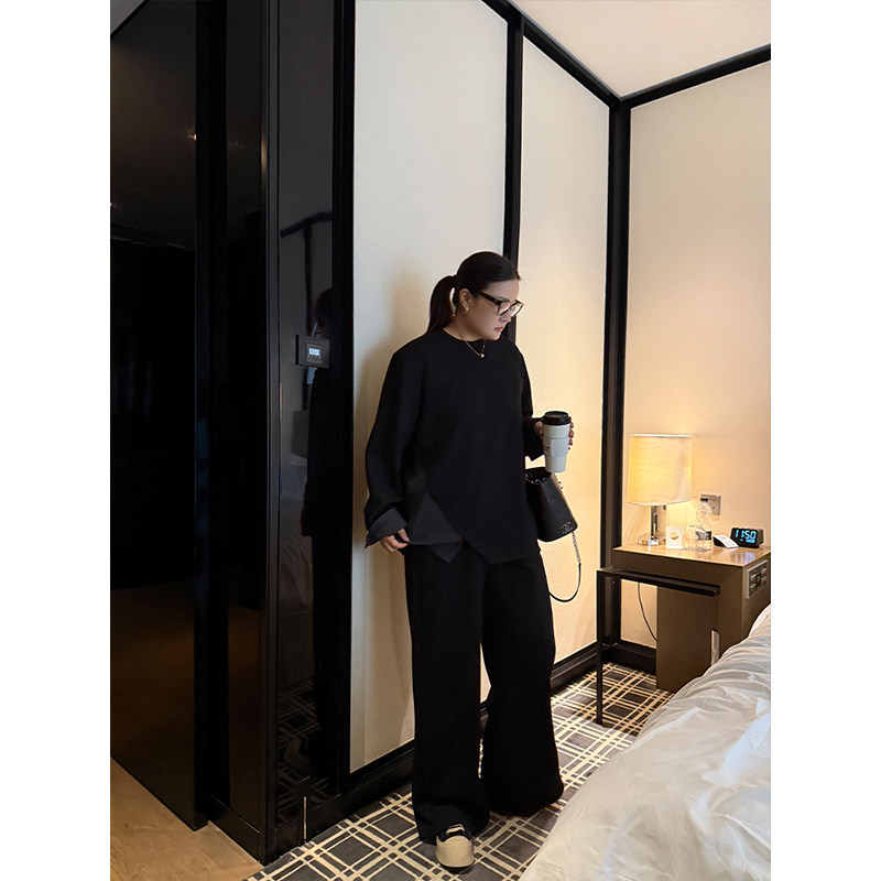 铅笔小鑫大码女装 撞色拼接 吸睛组合 显瘦CP 开叉T恤+裤子套装,淘宝优惠券,粉丝福利购,淘宝优惠卷