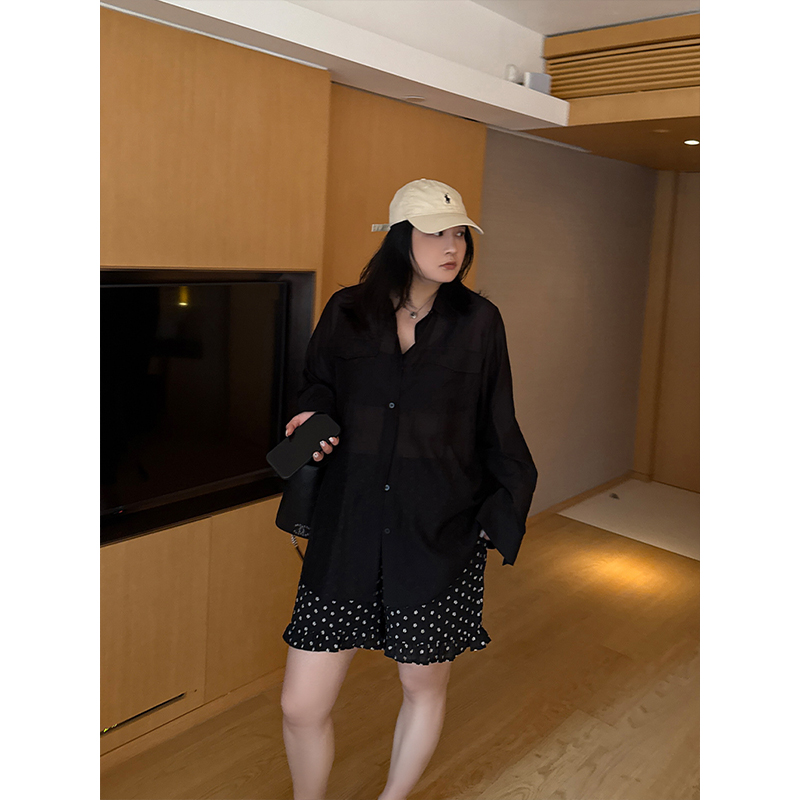 铅笔小鑫大码女装 透气防晒 简约松弛 百搭长袖防晒衬衫 - 图1