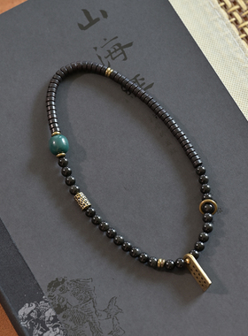 黑曜石椰壳双圈铜手链手串