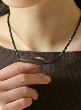 异木石行沉香木弯型吊坠项链项坠黑玛瑙链子文艺复古个性男女同款