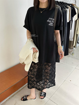widelia spring new loose lace splicing short-sleeved T-shirt dress versatile women's mid-length dress 8022