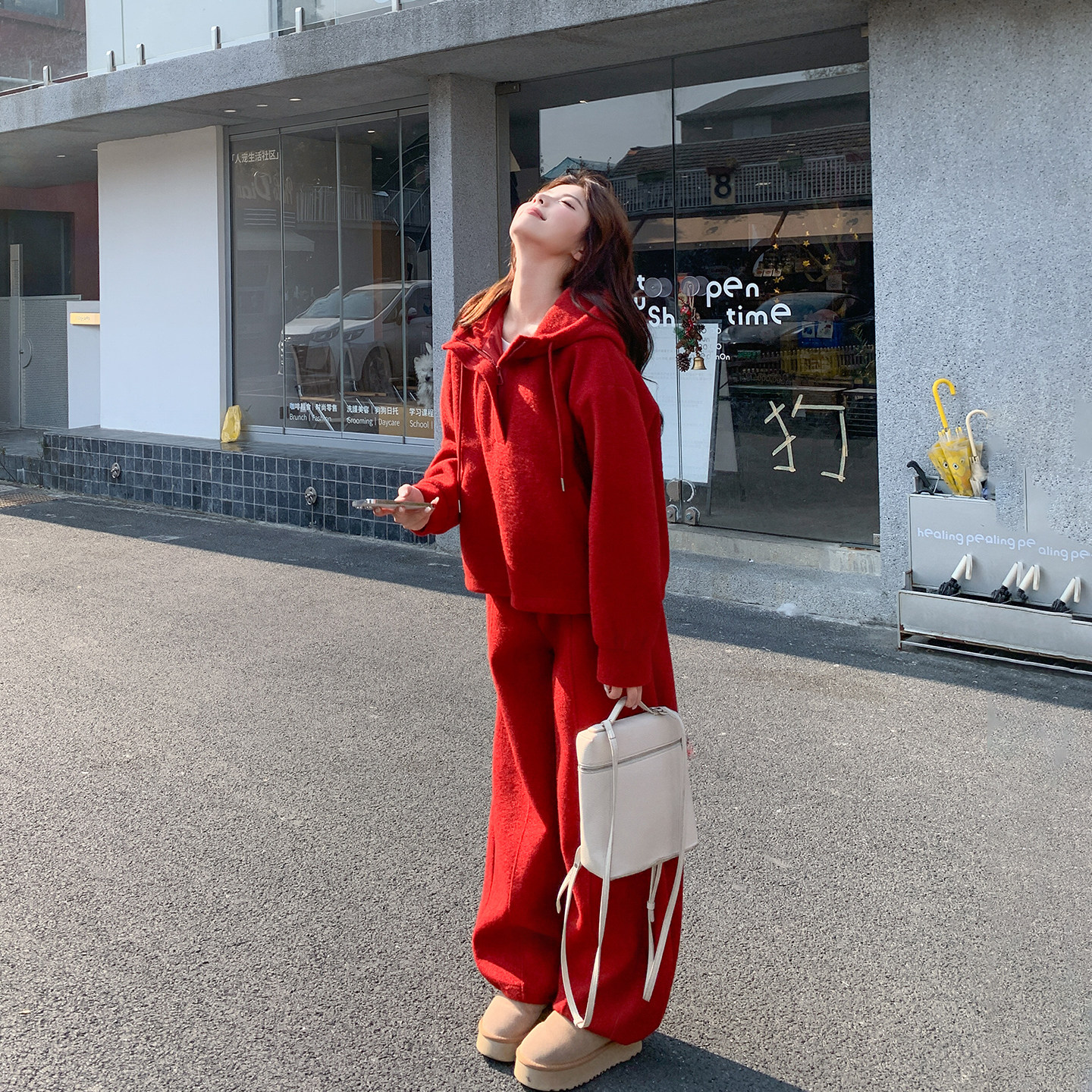 休闲甜美红色加绒加厚套装女冬季2025新款气质毛呢卫衣长裤两件套,淘宝优惠券,粉丝福利购,淘宝优惠卷