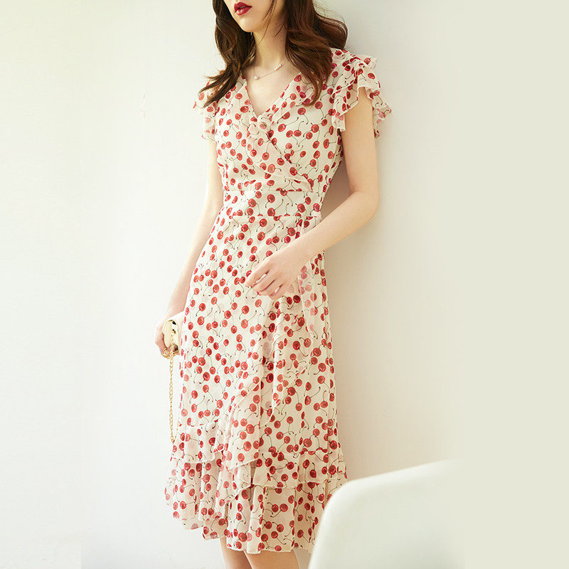 樱桃印花荷叶边茶歇2020新款夏轻熟 chartres连衣裙