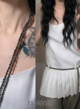 25SUMMER原创  多用途编织珠珠流苏超长细围脖多层叠戴项链/腰链