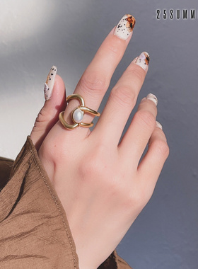 25SUMMER独售复古高级感天然淡水珍珠戒指气质磨砂金镂空线条指环