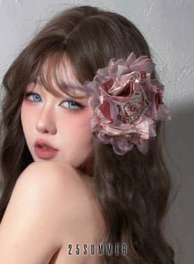 25SUMMER原创 胭脂 甜美氛围感布艺扎染粉色花朵边夹大花发夹头饰