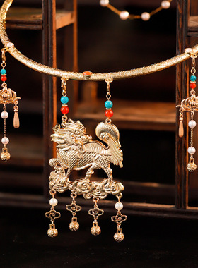 麒麟铃铛原创项圈汉服明制璎珞配饰复古百搭古风项链流苏金色宫廷