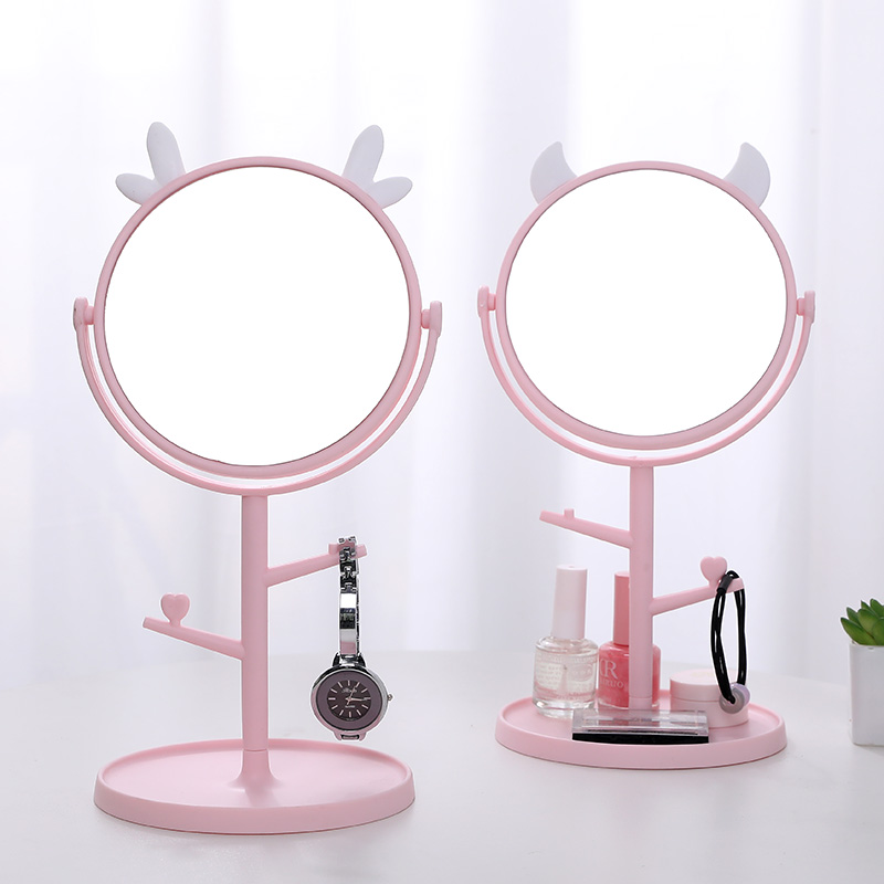 便攜式網紅化妝鏡女宿舍桌面臺式美妝鏡子收納一體可愛梳妝鏡可立