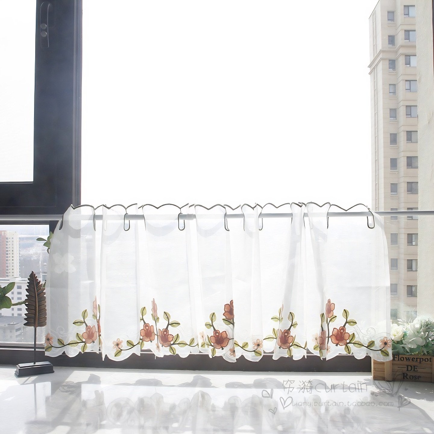 花蔓半帘短帘刺绣咖啡帘成品厨房小窗帘纱橱柜帘隔断帘门帘免打孔,淘宝优惠券,粉丝福利购,淘宝优惠卷