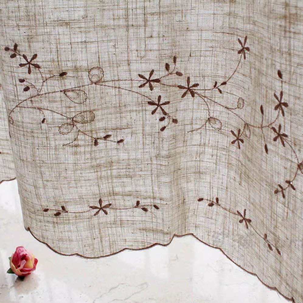 唯美刺绣小花咖啡帘半帘小短帘穿杆帘橱柜帘隔断帘厨房小窗帘门帘,淘宝优惠券,粉丝福利购,淘宝优惠卷