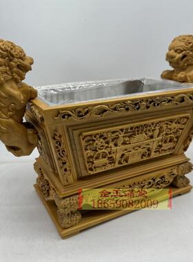 木雕大香炉佛堂玄关复古中式四方马槽炉四角双狮实木工艺家用供佛