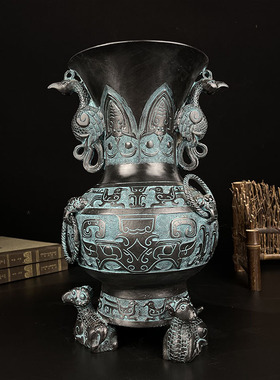 青铜器仿古摆件三狮瓶纯铜花瓶