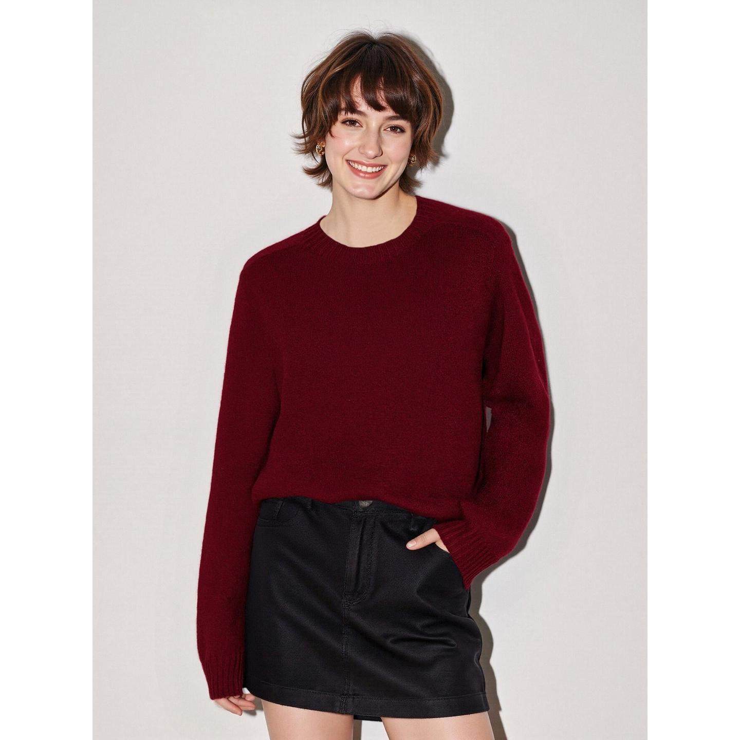 Basic House/百家好红色100%羊毛圆领毛衣女冬季慵懒风软糯针织衫,淘宝优惠券,粉丝福利购,淘宝优惠卷