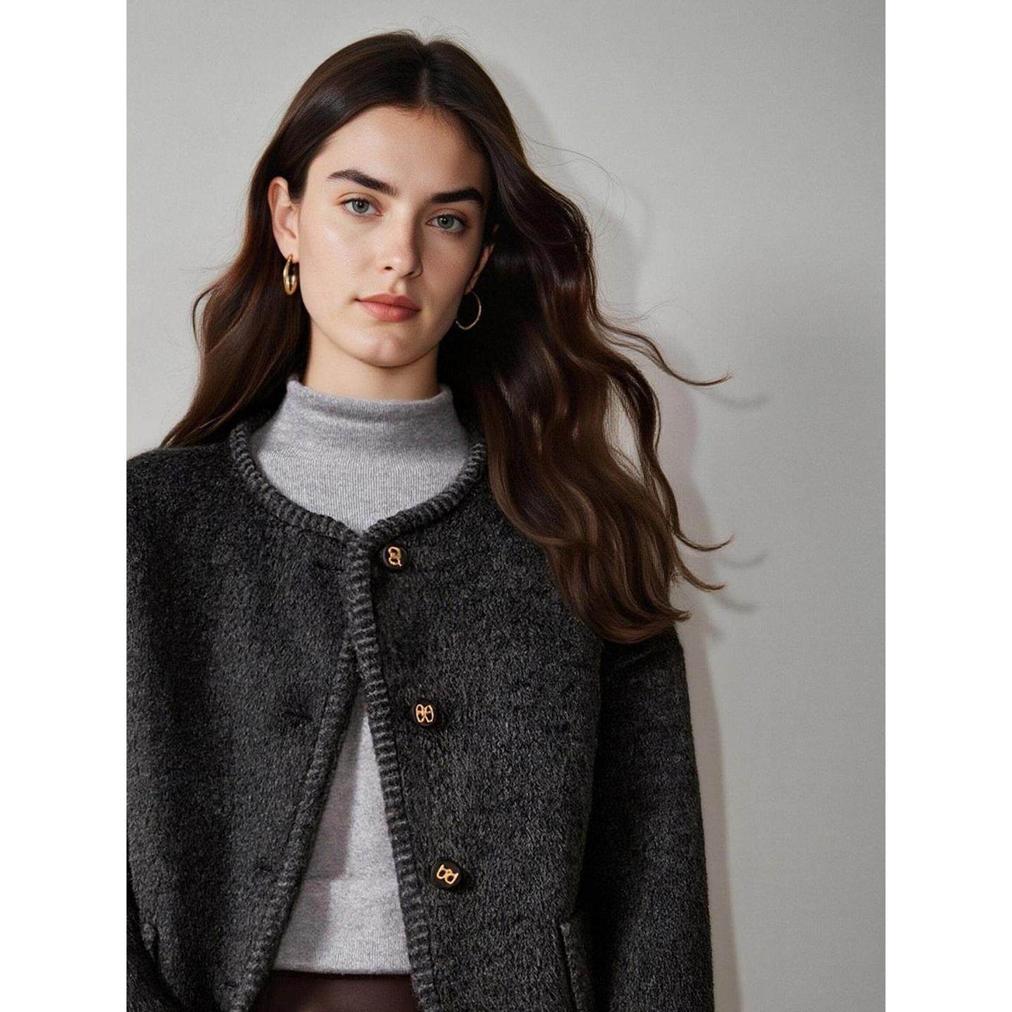 Basic House/百家好小个子灰色圆领羊毛呢外套女冬小香风短款大衣,淘宝优惠券,粉丝福利购,淘宝优惠卷