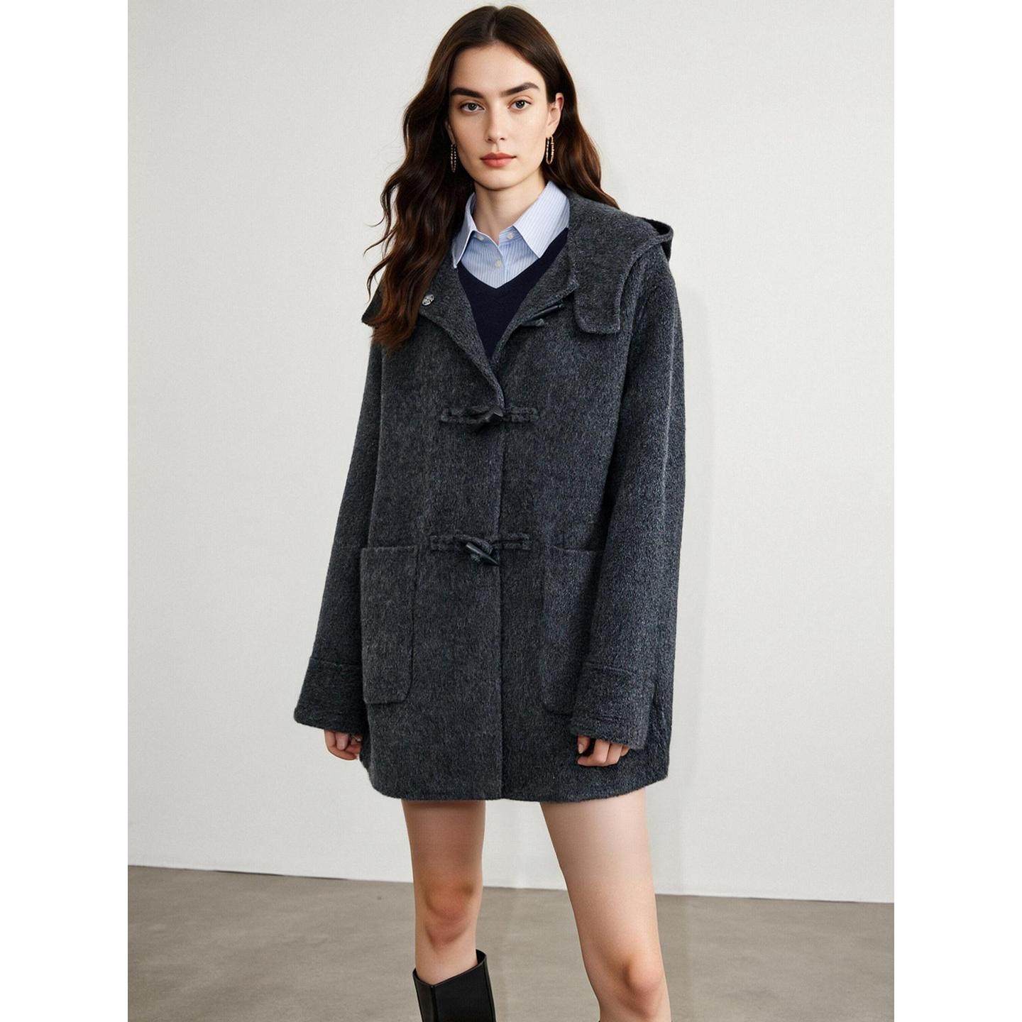 Basic House/百家好暗灰色双面羊毛呢子大衣女冬季加厚牛角扣外套,淘宝优惠券,粉丝福利购,淘宝优惠卷