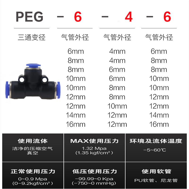 气动快插快速气管接头T型三通变径全PEG16-12 12-10 10-8 8-6 6-4 - 图1