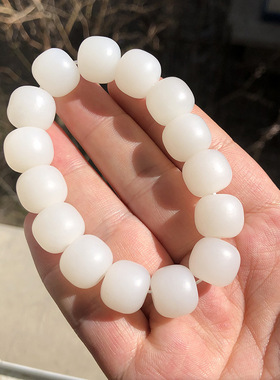 保真天然和田玉手链男新疆山料羊脂玉老型珠手串14mm白玉桶珠链子