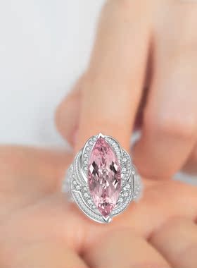FIICCI范儿珠宝 天然摩根石18K金钻戒指樱花粉宝石马眼形定制镶嵌