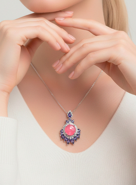 菲伊奇天然粉色欧泊925银锁骨链