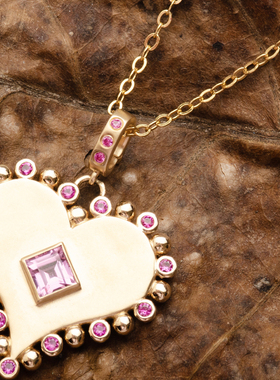 天然粉色蓝宝石磨砂工艺大爱心形18K金吊坠项链万能扣樱花粉色