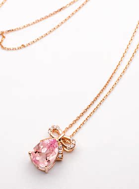 FIICCI 天然粉色摩根石18K金项链吊坠水滴形樱花粉蝴蝶结定制