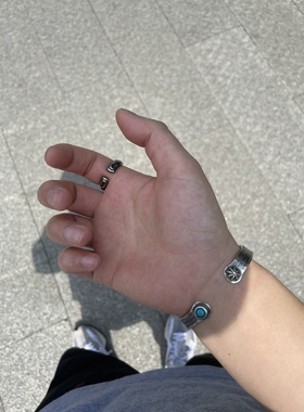 思涵银工坊摩根银币菊花钉松石做旧925银开口手镯阿美咔叽男女款
