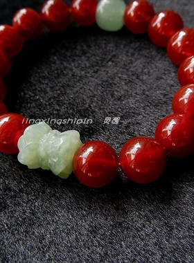 天然红玛瑙手串岫玉莲花新中式国风手串小众红色本命年转运珠手链