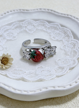 ins草莓戒指女小众设计新款甜美锆石开口指环日常百搭食指戒时尚