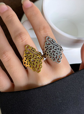 925纯银戒指韩版饰品复古做旧花纹镂空个性开口古金指环高贵潮饰