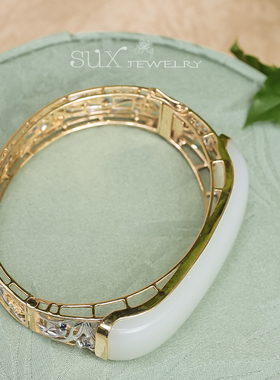 空谷幽兰。和田玉 细工镶嵌18k金 古风手镯