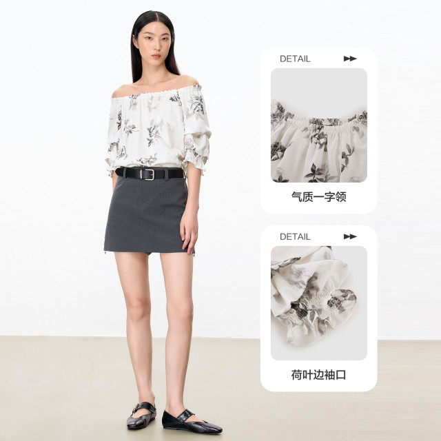 Shuiyunjian ໃຫມ່ແບບຈີນຫນຶ່ງບ່າ Chiffon ເສື້ອຢືດຂອງແມ່ຍິງ Puff Sleeve Top 2 Oriental Gentle Temperament 026 Summer Style