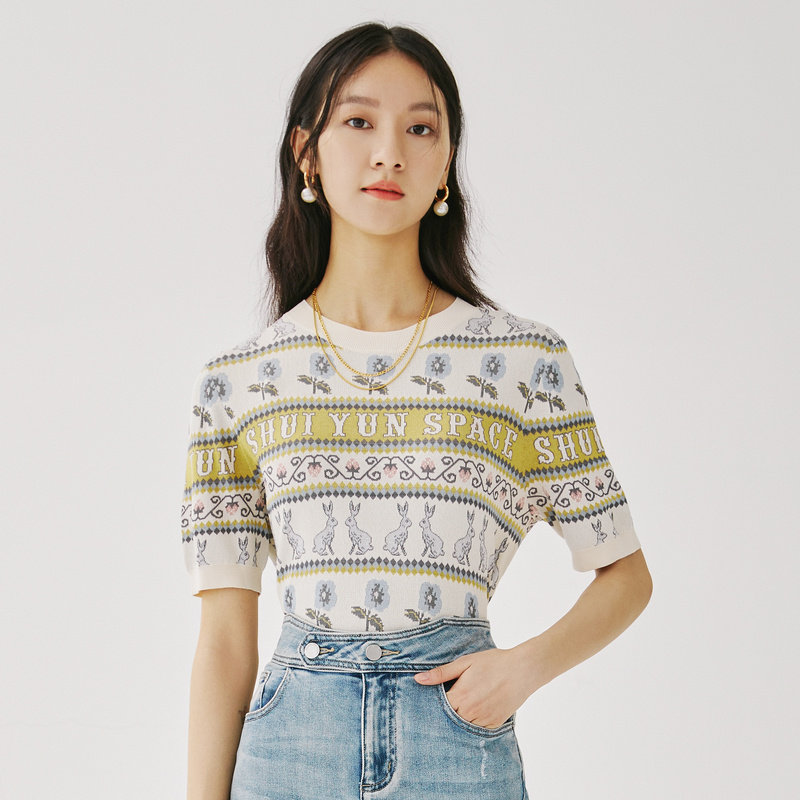 水云间宽松趣味短袖女2022针织衫 sedate毛针织衫
