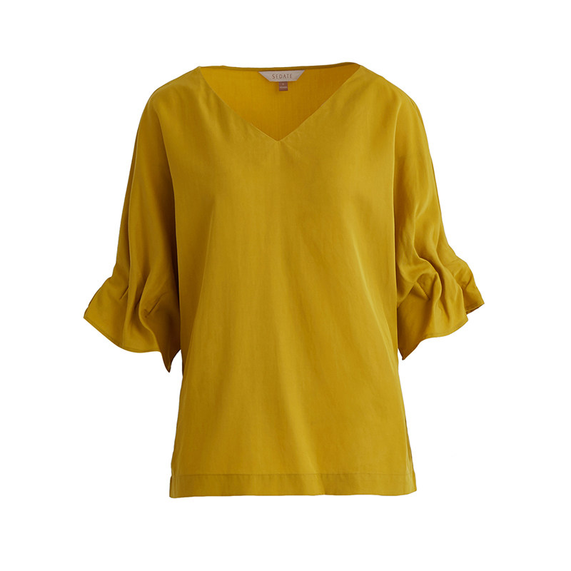 水云间宽松v领t恤女褶皱纯色上衣 sedateT恤