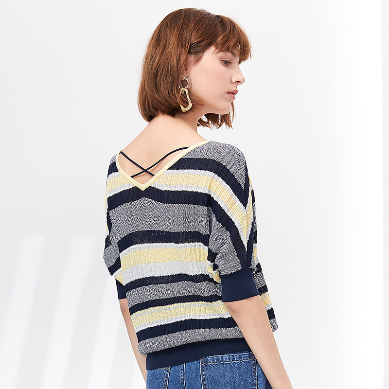 水云间夏季新款圆领露背撞色毛衣 sedate毛衣