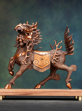 紫铜火焰麒麟摆件一对客厅办公室