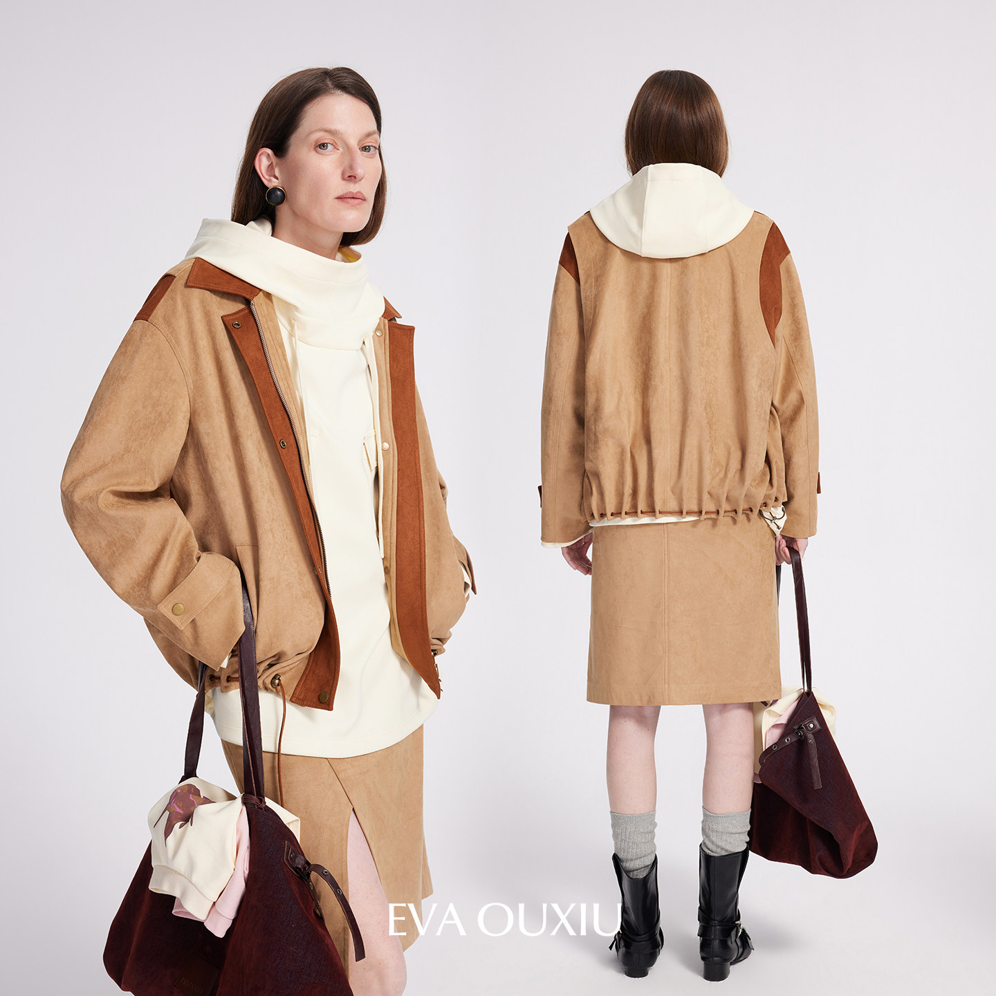 EVAOUXIU撞色拼接夹克2026年春女装新商场同款复古时髦麂皮短外套,淘宝优惠券,粉丝福利购,淘宝优惠卷