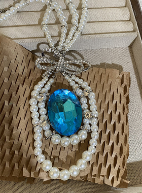 法式小众高级感珍珠蝴蝶结夸张项链蓝色大水滴吊坠配饰配裙子饰品