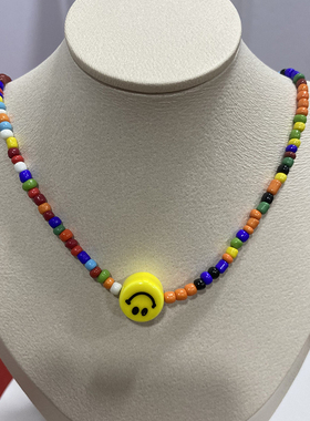 欧韩彩色珠子笑脸女锁骨链项链