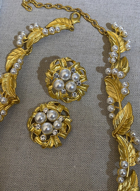 欧美夸张复古树叶珍珠项链锁骨链耳钉套装轻奢高级感气质大气耳环