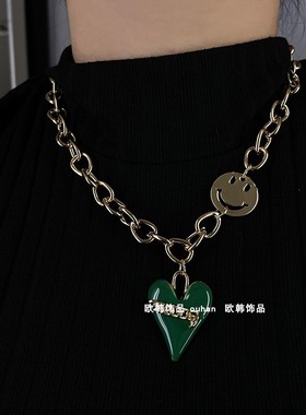 925银针绿色滴油爱心粗链条耳环